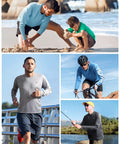 Mens UPF 50 Plus Sun Protection Long Sleeve Rash Guard Shirt For Fishing Hiking Swimming Diving And Outdoor Adventures Quick Dry Lightweight UV Shield Built For The Grind Black shown in various outdoor activities.