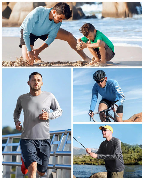 Mens UPF 50 Plus Sun Protection Long Sleeve Rash Guard Shirt For Fishing Hiking Swimming Diving And Outdoor Adventures Quick Dry Lightweight UV Shield Built For The Grind Black shown in various outdoor activities.