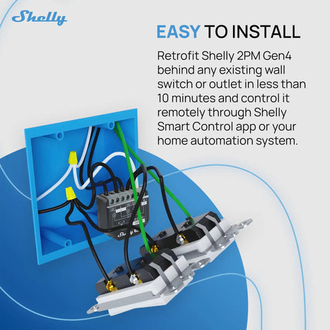 Two Channel Smart Relay Switch With Power Metering WiFi Zigbee Matter Compatible in a blue casing setup behind wall switch