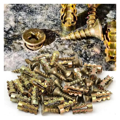 Close-up of galvanized screws and expansion tubes from Beefy Concrete Anchors and Screws Kit for Hollow Wall Drywall Fasteners 50 Sets