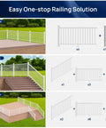Easy railing solution diagram showcasing solid white aluminum railing posts for decks, including corner, stair, and other configurations.