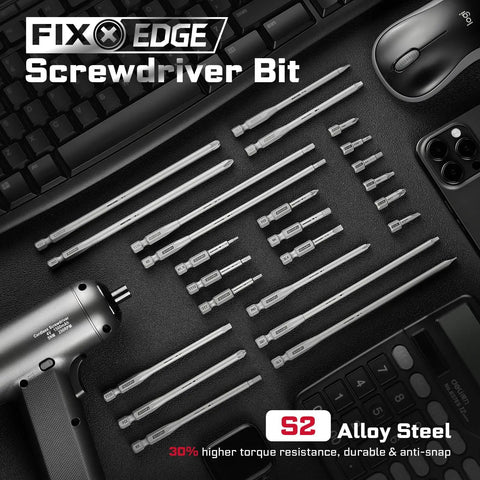 Heavy Duty 101 Piece Screwdriver Bit Set With 1 Inch Magnetic S2 Steel bits arranged on a black surface with a power screwdriver.