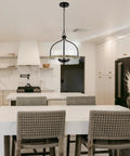 Modern Farmhouse 3 Light Pendant Chandelier With Glass Drum Shade in kitchen, smoked birch finish, 16 inch ceiling light