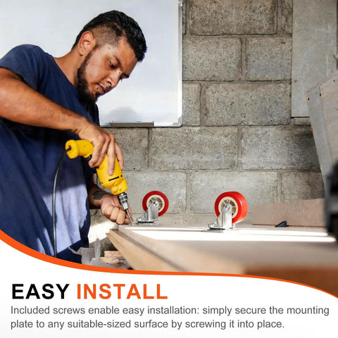 Person using drill to install Eight Pack 1 Inch Caster Wheels With 360 Degree Swivel Plate Castors for furniture and bins.