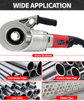 No Sweat Portable Electric Pipe Threader With Brawny 2000 Watt Copper Motor and Quick Swap Steel Dies for threading various pipe types.
