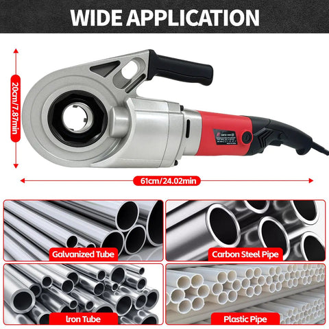 No Sweat Portable Electric Pipe Threader With Brawny 2000 Watt Copper Motor and Quick Swap Steel Dies for threading various pipe types.