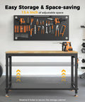 Front view of 48 Inch Heavy Duty Adjustable Height Work Bench With 2000 Lbs Capacity, built like a tank, in a garage setting with tools on pegboard.