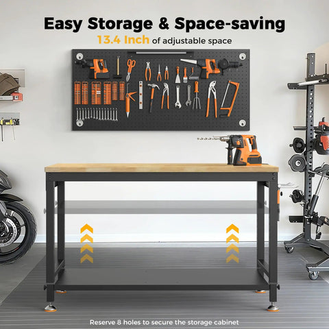 Front view of 48 Inch Heavy Duty Adjustable Height Work Bench With 2000 Lbs Capacity, built like a tank, in a garage setting with tools on pegboard.