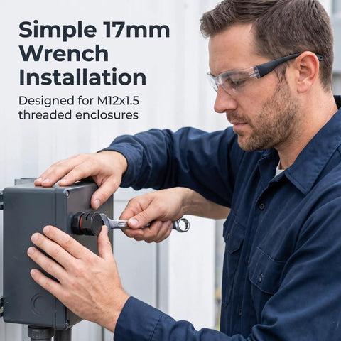 Man using a 17mm wrench to install 6 Pack IP68 M12x1.5 Air Vent Breather Screws in a threaded enclosure.