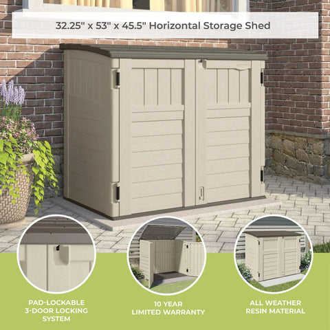 34 Cu Ft Horizontal Resin Storage Shed With Floor Included, Lockable And Weatherproof Outdoor Storage in Vanilla Stone