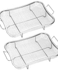 Stainless Steel Air Fryer Basket Set For Oven With Nonstick Mesh Rack Two Piece Kit shown with foldable handles