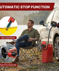 Cordless Fuel Transfer Pump With Auto Stop, No Spill, 3.2 GPM, Portable Battery Powered Unit For Gasoline Diesel Kerosene Oil Water, Transfers Between Cans With 4 Adapters Included, shown in use with a car and fuel canister by a lake.