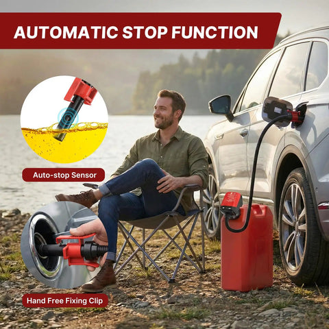 Cordless Fuel Transfer Pump With Auto Stop, No Spill, 3.2 GPM, Portable Battery Powered Unit For Gasoline Diesel Kerosene Oil Water, Transfers Between Cans With 4 Adapters Included, shown in use with a car and fuel canister by a lake.