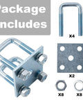Package contents of Beefy Two Pack Heavy Duty Square U-Bolt Kit with 4 U-bolts, 2 plates, 8 nuts and washers for trailers.