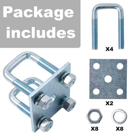 Package contents of Beefy Two Pack Heavy Duty Square U-Bolt Kit with 4 U-bolts, 2 plates, 8 nuts and washers for trailers.