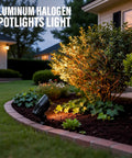 Low Voltage Landscape Spotlights Pro-Grade 50W Halogen Outdoor Garden Lights illuminating shrub at night, waterproof design