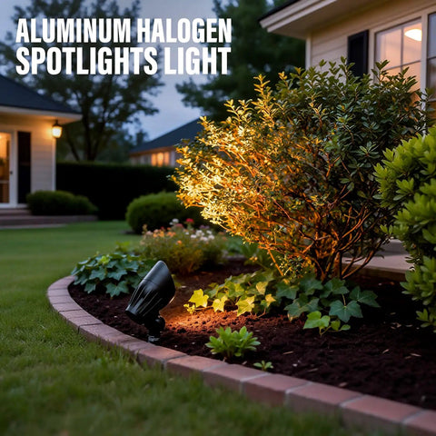 Low Voltage Landscape Spotlights Pro-Grade 50W Halogen Outdoor Garden Lights illuminating shrub at night, waterproof design