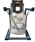 Rock Solid Heavy Duty Bulk Bag Forklift Rack With 23 Point Five Inch Arm Spacing And Adjustable Fork Pockets For Quick Setup Warehouse Workhorse Built Like A Tank To Handle Heavy Loads Flawlessly with loaded sand bag in front view.