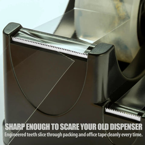 Heavy Duty Dual Function Tape Dispenser Built Tough For All Your Packing Needs Featuring Weighted Five Point Five Pound Base For Rock Solid Stability And Effortless Pulling Of Wide Packing Tape Rolls Plus Handy Compartment For Desk Gadgets In Sleek Black