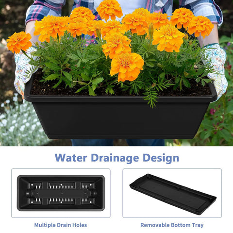 Gardener holding black planter with marigolds, featuring multiple drain holes and removable bottom tray for water drainage design.