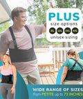 BraceAbility work back brace with removable suspender shoulder straps; black waist belt on a man, unisex sizing XL–4XL.