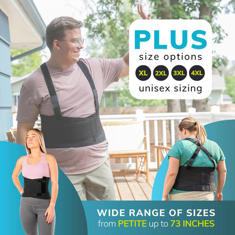 Work Back Support Belt For Pain Relief And Heavy Lifting Safety With Removable Shoulder Straps in use by men and women in various sizes.