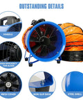 Beastly 520W Utility Axial Blower with 12 inch exhaust fan and 33 foot duct hose, highlighting handle, fan blade, and steel shell