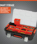 Top view of Workhorse Light Duty Modular Rolling Toolbox System With Telescopic Handle And Mobile Base With Two Rugged Rubber Wheels Top Toolbox With Ten Removable Bins Mid Compartment With Lift Out Tray 176 Pound Weight Capacity, showing red bins with hardware.