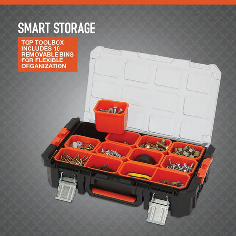 Top view of Workhorse Light Duty Modular Rolling Toolbox System With Telescopic Handle And Mobile Base With Two Rugged Rubber Wheels Top Toolbox With Ten Removable Bins Mid Compartment With Lift Out Tray 176 Pound Weight Capacity, showing red bins with hardware.