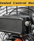 Close-up of sealed control box on Beast Mode 2500 CFM 12 Inch Industrial Wall Mount Fan With Three Speeds High Velocity Airflow