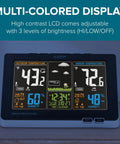 All In One Weather Station With Full Color LCD And Atomic Time Tracks Indoor And Outdoor Temperature Humidity With 330 Ft Wireless Sensor Customizable Alerts Min Max Readouts Mold Indicator And Color Forecast Icons showing multi-colored display.