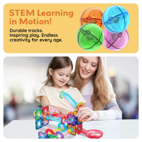 Mother and daughter playing with Totally Fun 8 Piece Marbles For Magnetic Block Tiles Marble Run Tracks Set, colorful track pieces.