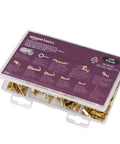 DIY Picture Hanging Hardware Kit 220 Piece Brass Finish Set with hangers, D rings, steel wire, and screw eye hooks in plastic case.