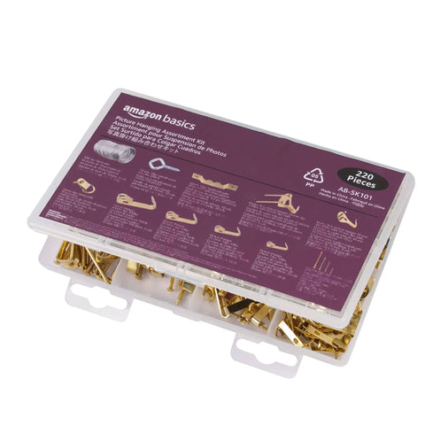 DIY Picture Hanging Hardware Kit 220 Piece Brass Finish Set with hangers, D rings, steel wire, and screw eye hooks in plastic case.