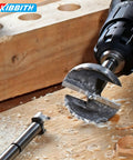 3.5 Inch Forstner Drill Bits For Hardwoods Plywood And Plastic Featuring Razor Sharp Serrated Teeth in action on wood surface.