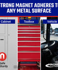 Image showing a cabinet, toolbox, and vehicle illustrating the Heavy Duty Magnetic Cup Holder Caddy For Bottles Cups Mugs and Cans Plus Small Tools attaches to these surfaces.