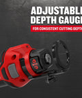 Close-up of adjustable depth gauge on Tough 20V Max Cordless Cut Out Tool Rips Through Drywall And Plasterboard Without Missing A Beat, Includes Tool Free Bit Change And Adjustable Depth Gauge For Crisp Cuts Every Time, Bare Tool Edition.