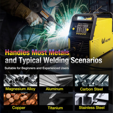 Person welding with All In One 200 Amp MIG Welder With 110 And 220V Dual Voltage 7 Mode Multi Process Aluminum Workhorse Machine