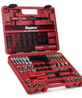 Front view of Reywoo 49-piece thread chaser set in red case with taps, dies and thread files