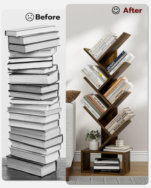 6 Tier Tree Bookshelf For Small Spaces showcasing corner display rack before and after, with rustic brown hardwood shelves filled with books.