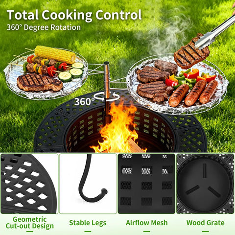 36 Inch Fire Pit Table With 2 Adjustable Grills showing food cooking on rotating grates, highlighting airflow mesh and wood grate.