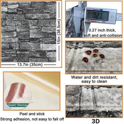 20 Pack 3D Wall Panels Peel And Stick Foam Brick Wallpaper Self Adhesive Faux Stone Wall Panels Black 3D Brick Tiles detail