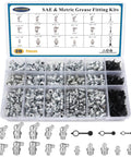 All-In-One SAE And Metric Grease Fittings Assortment Kit With Plastic Caps, 310-Piece Zinc-Plated Steel Nipple Set in transparent case