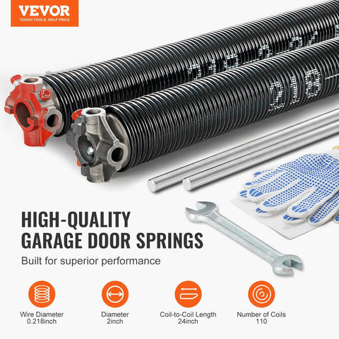 Garage Door Torsion Springs Pair With 0.218 Inch Wire, 2 Inch Inner Diameter, 24 Inch Length, Easy Install Non Slip Winding Bars, 16000 Cycles
