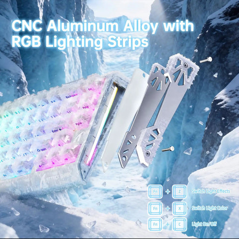 Compact 60 Percent Wired Mechanical Gaming Keyboard Featuring Magnetic Rapid Trigger Switches And Dope 8K Polling Rate With White Carbon Fiber Top Plate And Crisp Rgb Lighting For Your Badass Setup in icy environment.
