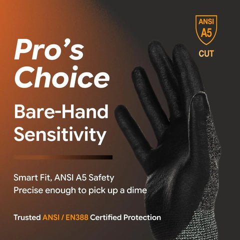 Gloved hand showcasing Level 5 Cut Resistant Gloves Cru553 With 3D All Day Comfort Fit, thin and lightweight, firm grip.