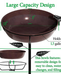 Close-up of deep metal bird bath bowl, 13 inch diameter, antique bronze finish, 3 inches deep, part of 40 inch tall stake, removable design.