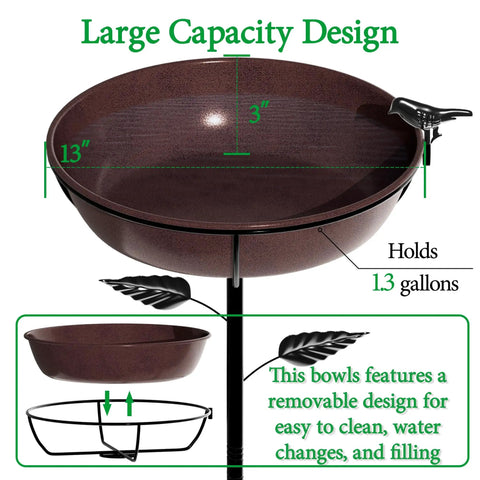 Close-up of deep metal bird bath bowl, 13 inch diameter, antique bronze finish, 3 inches deep, part of 40 inch tall stake, removable design.