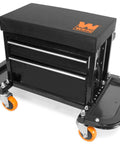 400-Pound Capacity Garage Glider Rolling Tool Chest Seat With Storage Pouch Cushioned Pad Magnetic Foldable Trays