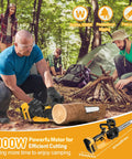 Person using Cordless 12 Inch Mini Chainsaw Tool Only For 20V Max Batteries Brushless Handheld Chainsaw for cutting logs outdoors.